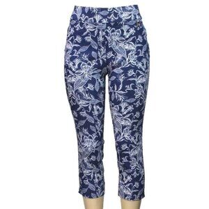 Rafaella Women's Navy Floral Pull On Comfort Pants Cropped 16